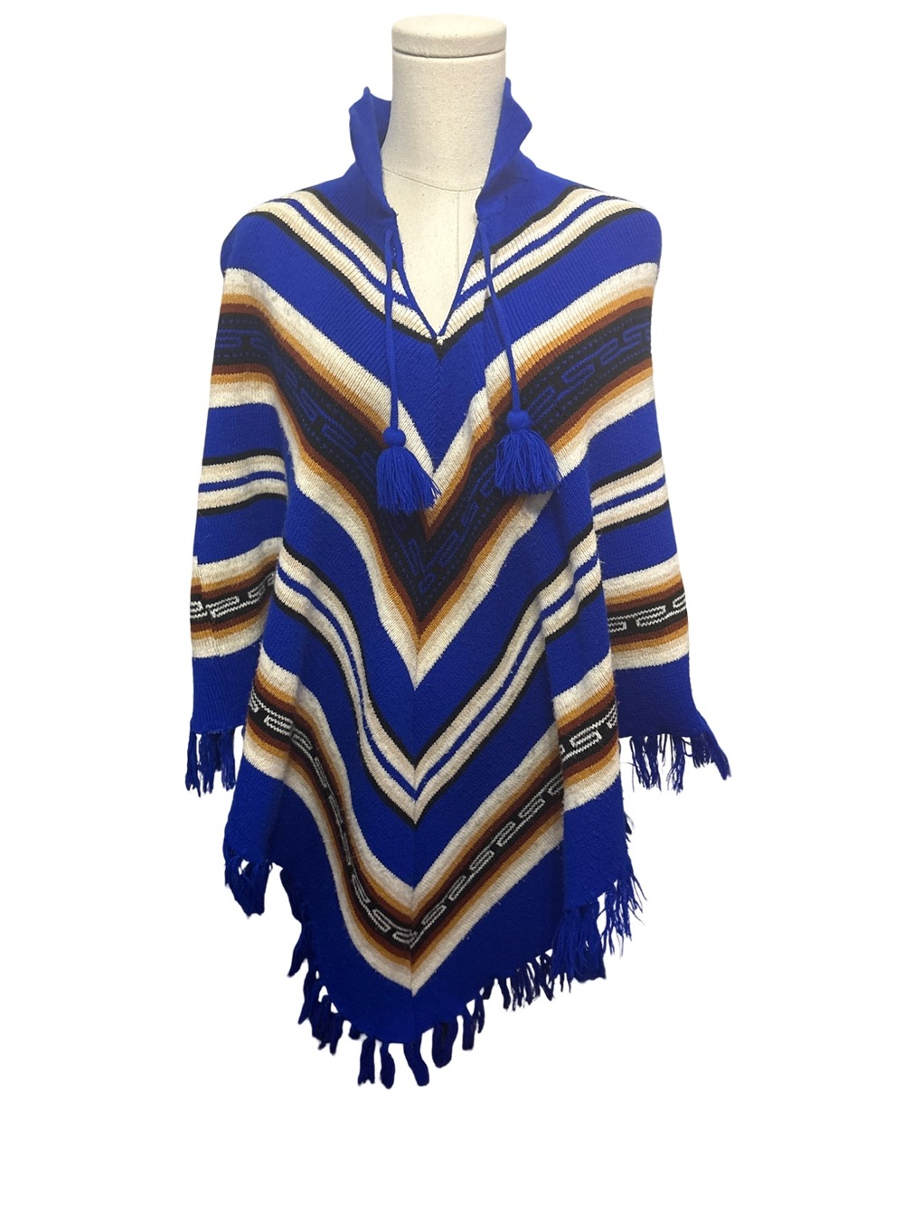 Vintage 70’s Blue Striped Fringe Poncho Sweater - OS